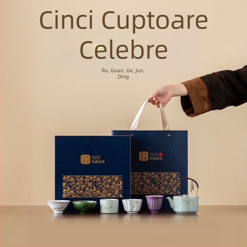 Set de ceai din porțelan cu inserții metalice decorative din cinci cuptoare ceramice celebre – ceainic și set de ceai, cutie cadou, stil retro lux