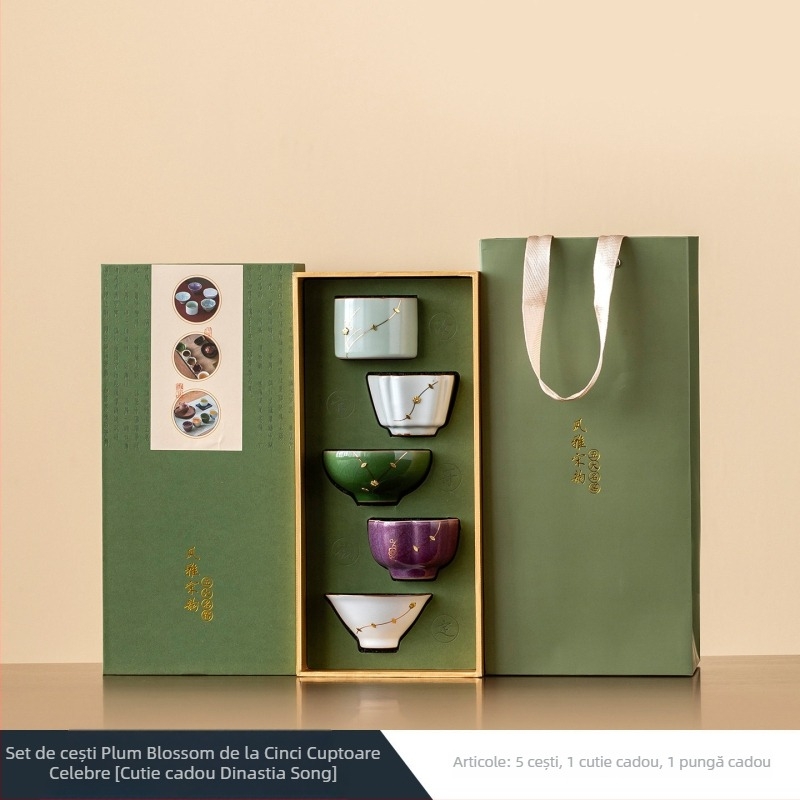 Set de ceai din porțelan cu inserții metalice decorative din cinci cuptoare ceramice celebre – ceainic și set de ceai, cutie cadou, stil retro lux
