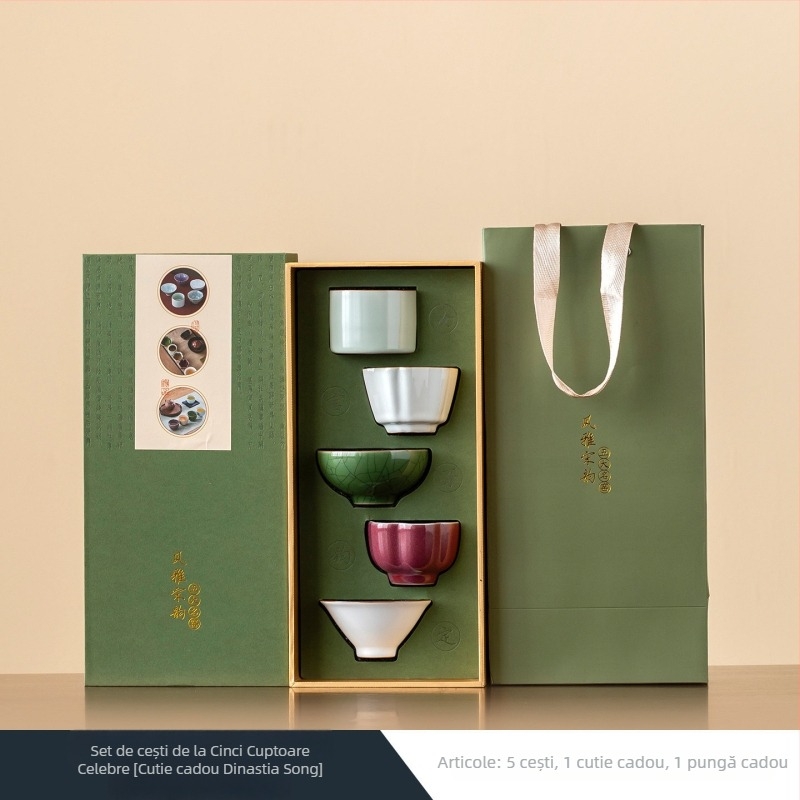 Set de ceai din porțelan cu inserții metalice decorative din cinci cuptoare ceramice celebre – ceainic și set de ceai, cutie cadou, stil retro lux