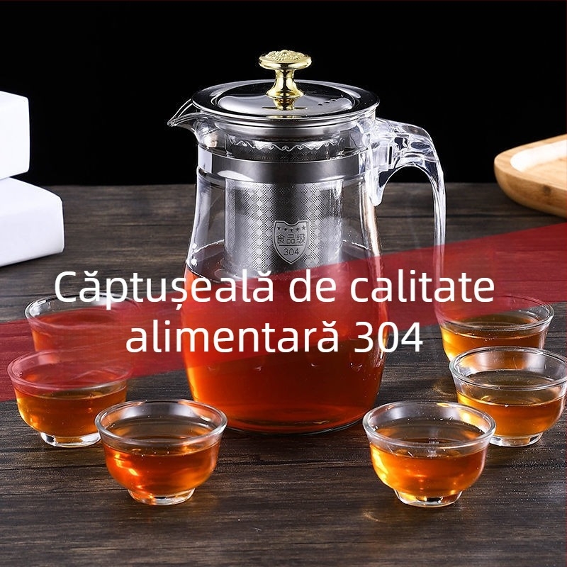 Ceainic din sticlă cu oțel inoxidabil, rezistent la căldură, sistem de separare ceai-apă