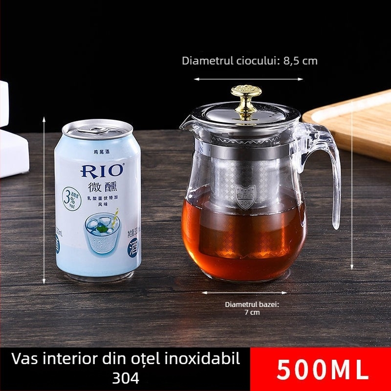 Ceainic din sticlă cu oțel inoxidabil, rezistent la căldură, sistem de separare ceai-apă