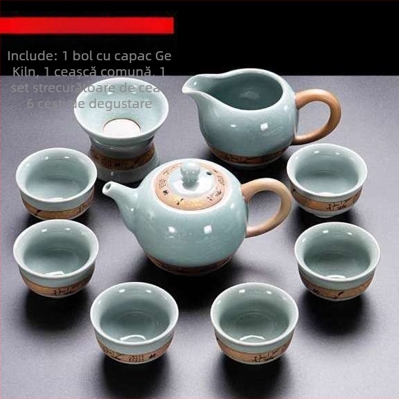 Set de ceai ceramic cu mecanism semi-automat pentru 6 persoane, ceainic și cești Kung Fu, stil retro, filtrare, protecție împotriva arsurilor