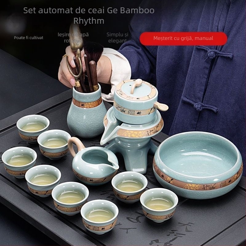 Set de ceai ceramic cu mecanism semi-automat pentru 6 persoane, ceainic și cești Kung Fu, stil retro, filtrare, protecție împotriva arsurilor