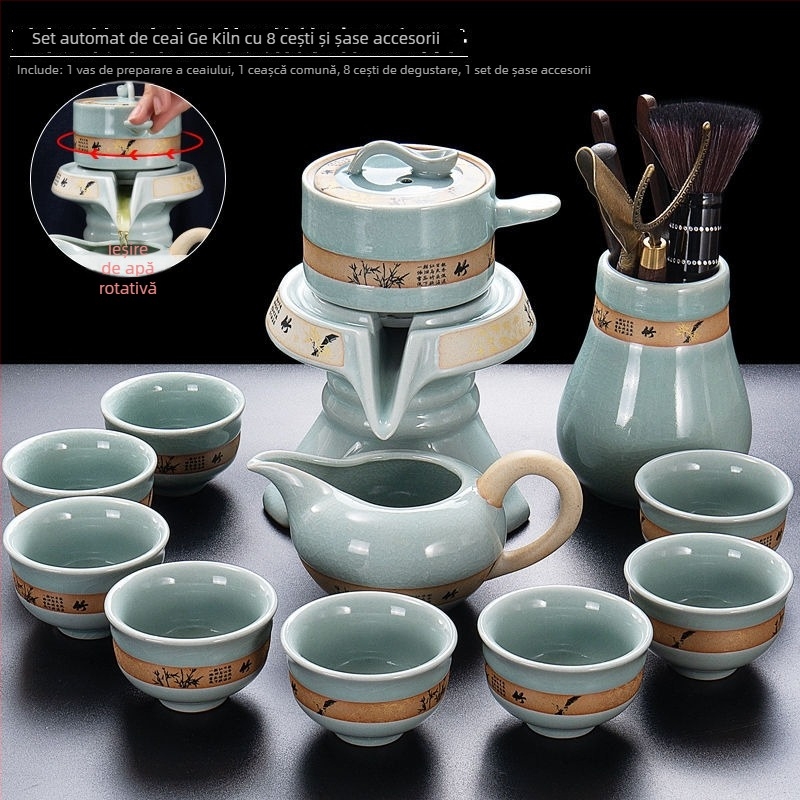 Set de ceai ceramic cu mecanism semi-automat pentru 6 persoane, ceainic și cești Kung Fu, stil retro, filtrare, protecție împotriva arsurilor