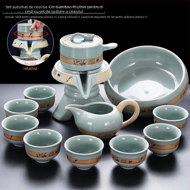 Set de ceai ceramic cu mecanism semi-automat pentru 6 persoane, ceainic și cești Kung Fu, stil retro, filtrare, protecție împotriva arsurilor