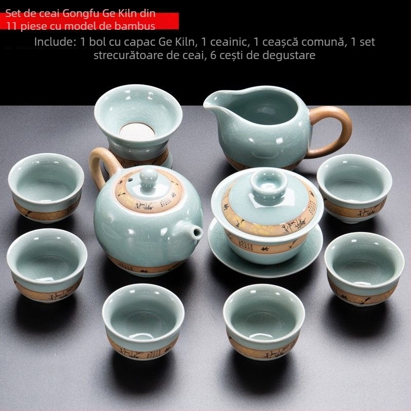 Set de ceai ceramic cu mecanism semi-automat pentru 6 persoane, ceainic și cești Kung Fu, stil retro, filtrare, protecție împotriva arsurilor