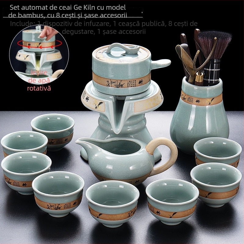 Set de ceai ceramic cu mecanism semi-automat pentru 6 persoane, ceainic și cești Kung Fu, stil retro, filtrare, protecție împotriva arsurilor