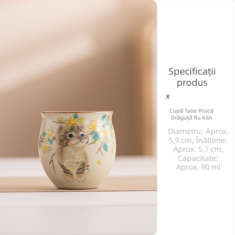 Ceașcă de ceai din porțelan Ruyao cu motiv de pisicuță, bej, capacitate mare, glazură crăpată, pentru ceai Gongfu