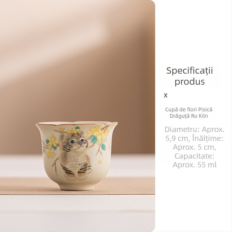 Ceașcă de ceai din porțelan Ruyao cu motiv de pisicuță, bej, capacitate mare, glazură crăpată, pentru ceai Gongfu