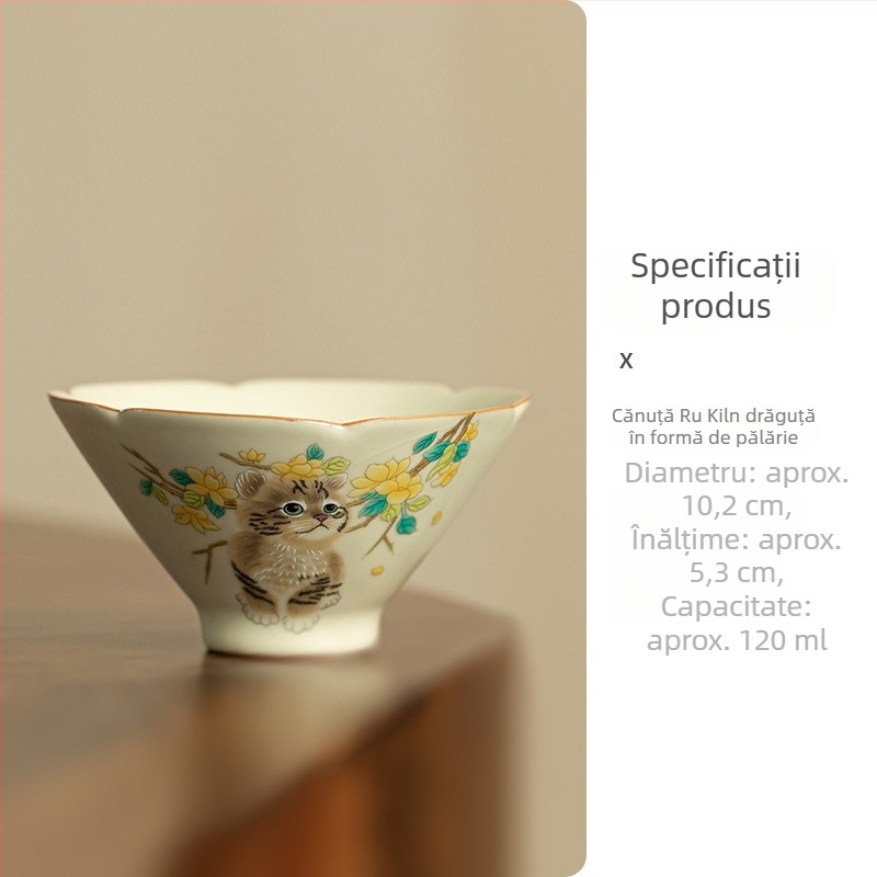 Ceașcă de ceai din porțelan Ruyao cu motiv de pisicuță, bej, capacitate mare, glazură crăpată, pentru ceai Gongfu