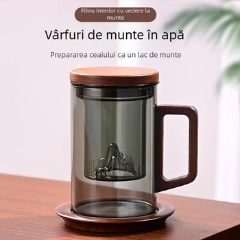 Ceșuță de ceai din sticlă, cu capac și mâner din nuc, rezistentă la temperaturi înalte, design cu vedere la munți, set de 3 piese pentru birou