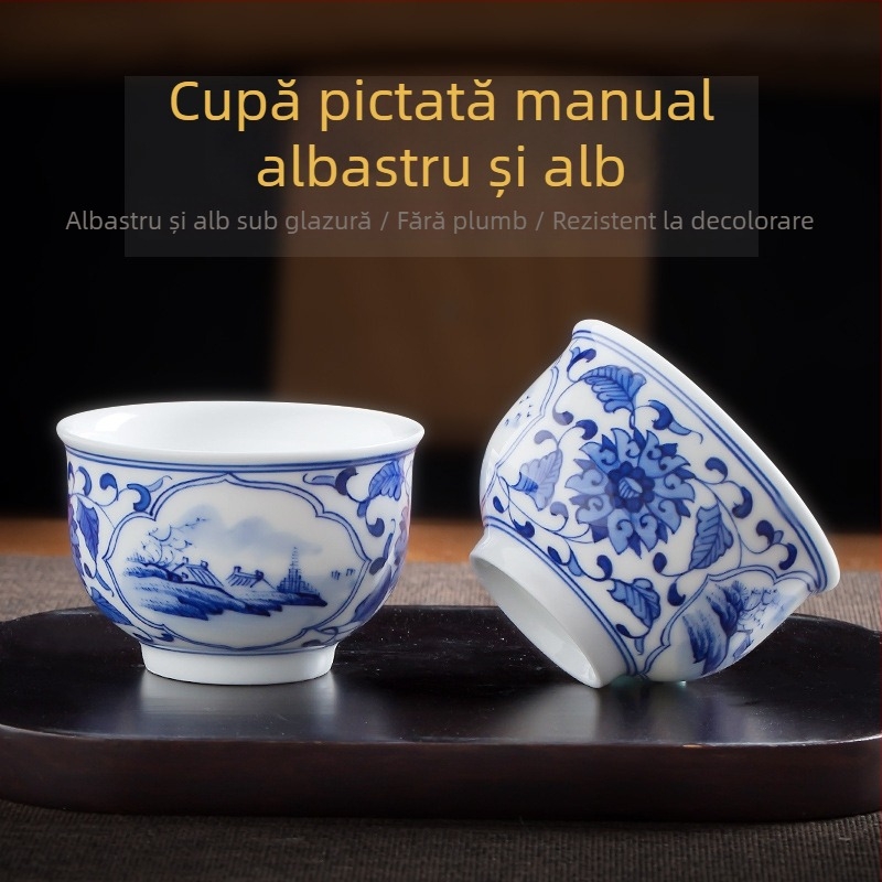 Ceașcă de ceai din porțelan alb, cu peisaj albastru-alb, pictură manuală, porțelan premium, Kung Fu pentru ceai