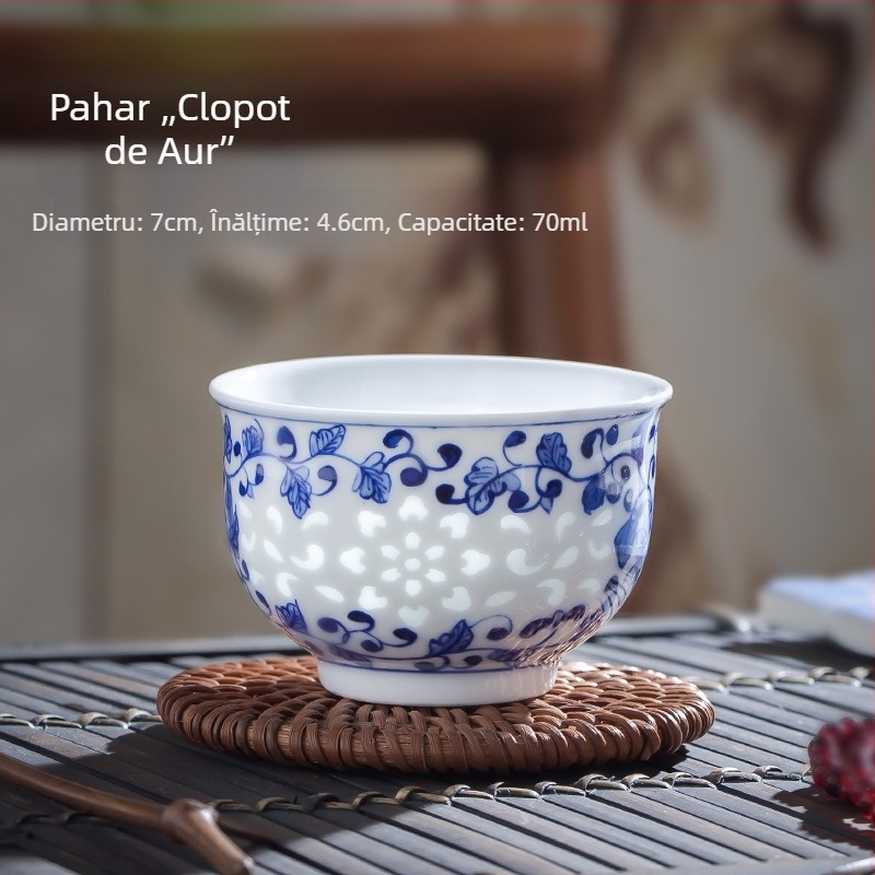 Ceașcă de ceai din porțelan alb, cu peisaj albastru-alb, pictură manuală, porțelan premium, Kung Fu pentru ceai