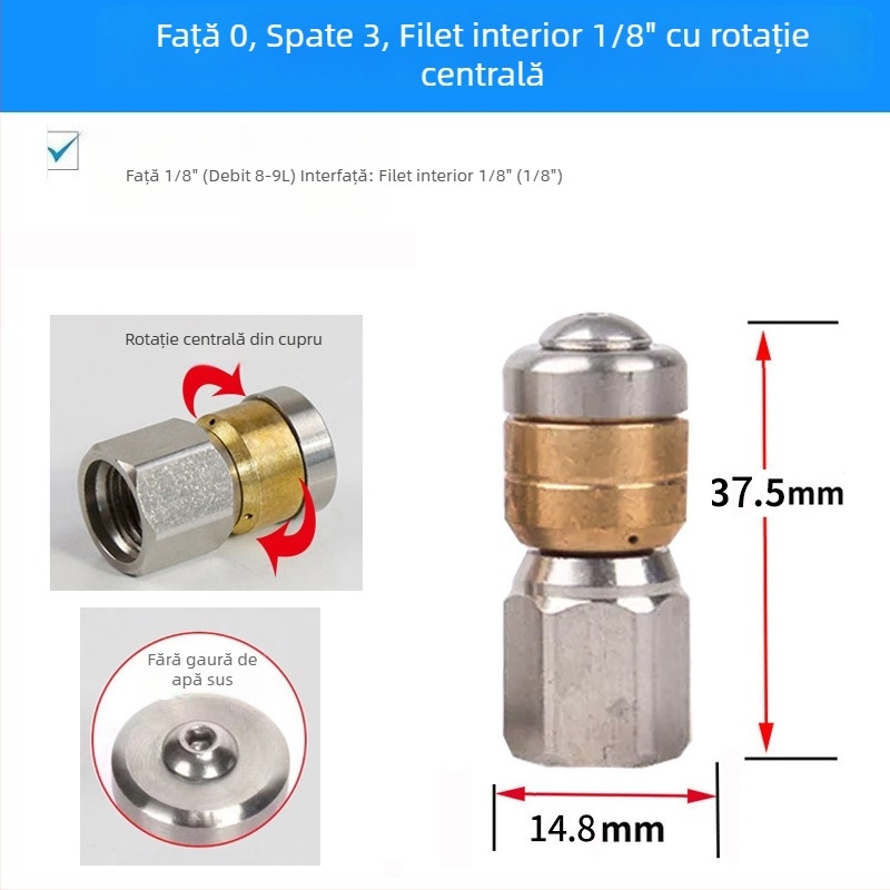 Duză din oțel inoxidabil cu trei duze rotative pentru curățare prin înaltă presiune a canalizării