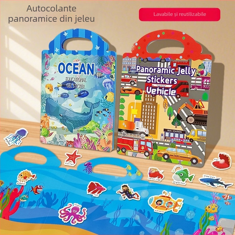 Carte portabilă cu autocolante gel pentru copii 3–6 ani, jucărie educativă DIY cu autocolante reutilizabile
