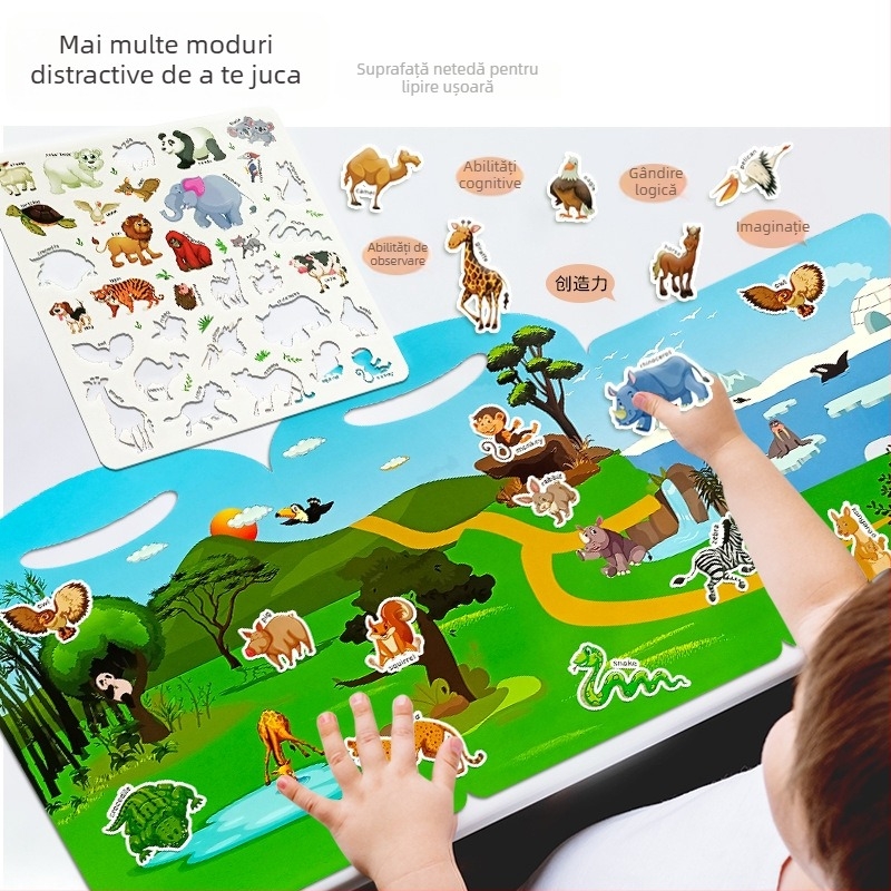 Carte portabilă cu autocolante gel pentru copii 3–6 ani, jucărie educativă DIY cu autocolante reutilizabile