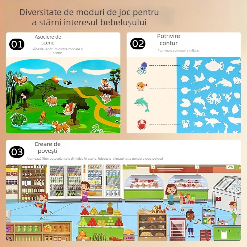 Carte portabilă cu autocolante gel pentru copii 3–6 ani, jucărie educativă DIY cu autocolante reutilizabile