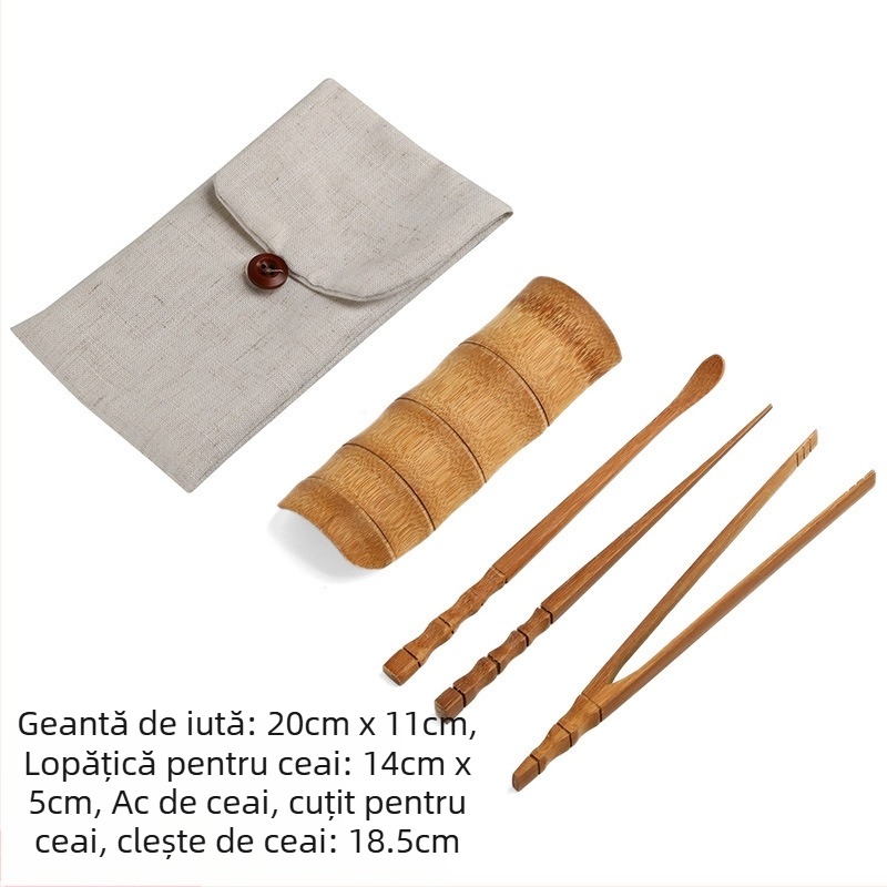 Set de ceai din bambus, patru piese, cu decor din bambus, include linguriță de ceai, ac de ceai, clemă pentru ceai și suport