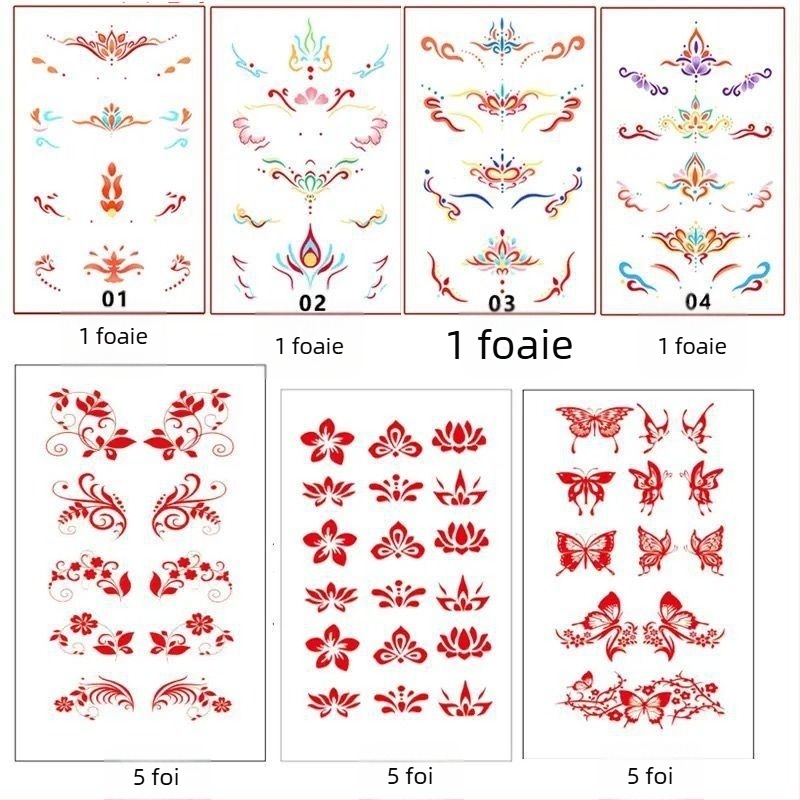 Etichete cu tatuaje strălucitoare pentru față, pentru fete și copii – centru sprâncene, colțul ochiului și frunte, design floral în stil Hanfu antic