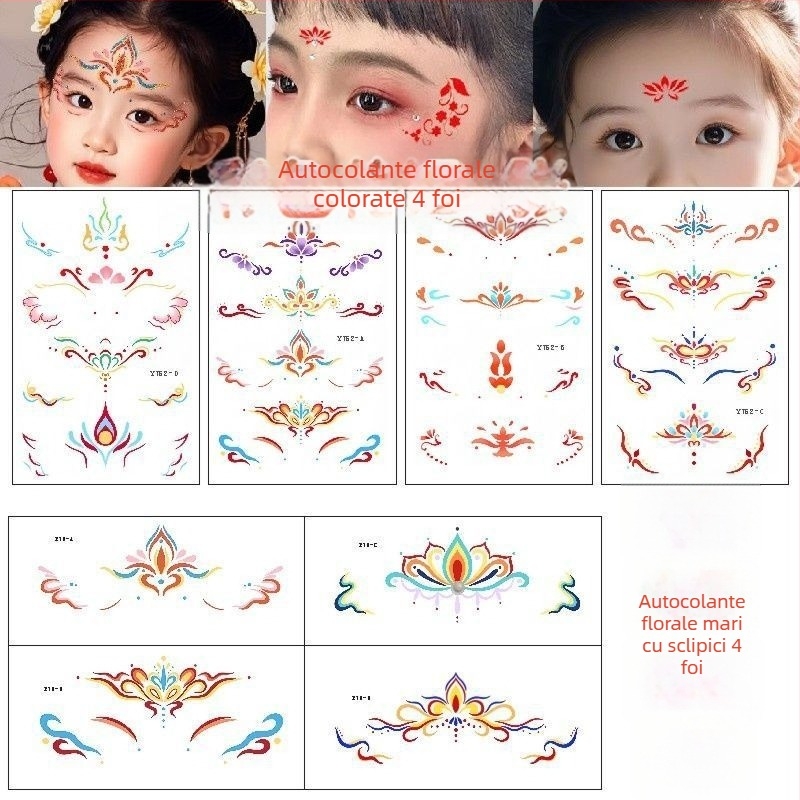 Etichete cu tatuaje strălucitoare pentru față, pentru fete și copii – centru sprâncene, colțul ochiului și frunte, design floral în stil Hanfu antic