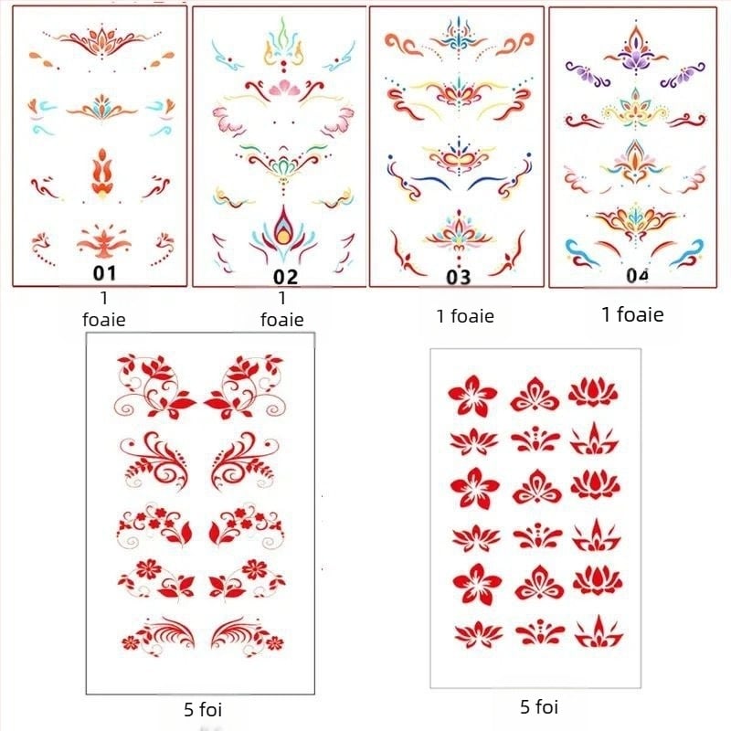 Etichete cu tatuaje strălucitoare pentru față, pentru fete și copii – centru sprâncene, colțul ochiului și frunte, design floral în stil Hanfu antic