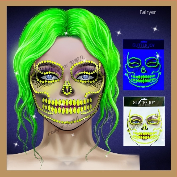 Adezivi fluorescenți cu față de fantomă pentru Halloween – autocolante pentru față și sprâncene, cu strasuri din rășină