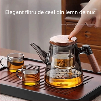 Ceainic din sticlă cu filtru pentru separarea ceaiului de apă, mâner din lemn, pentru birou și uz casnic