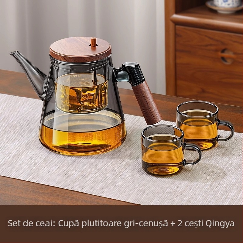 Ceainic din sticlă cu filtru pentru separarea ceaiului de apă, mâner din lemn, pentru birou și uz casnic
