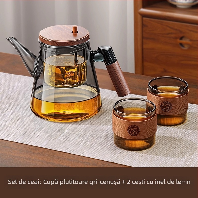 Ceainic din sticlă cu filtru pentru separarea ceaiului de apă, mâner din lemn, pentru birou și uz casnic