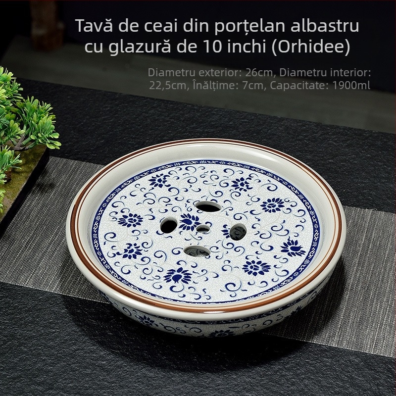 Tava de ceai în stil chinezesc nou, celadon, rotundă, porțelan albastru‑alb, set Gongfu de ceai, glazură vintage