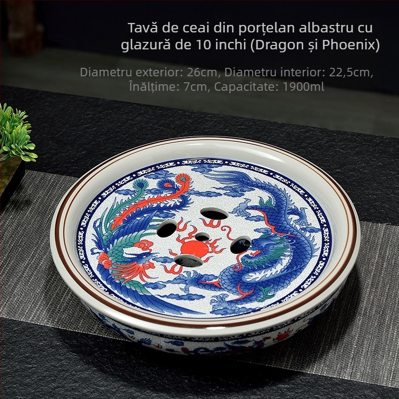 Tava de ceai în stil chinezesc nou, celadon, rotundă, porțelan albastru‑alb, set Gongfu de ceai, glazură vintage