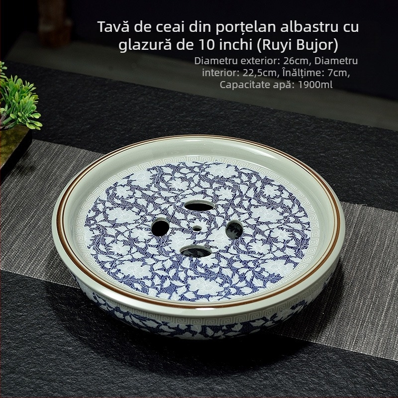 Tava de ceai în stil chinezesc nou, celadon, rotundă, porțelan albastru‑alb, set Gongfu de ceai, glazură vintage