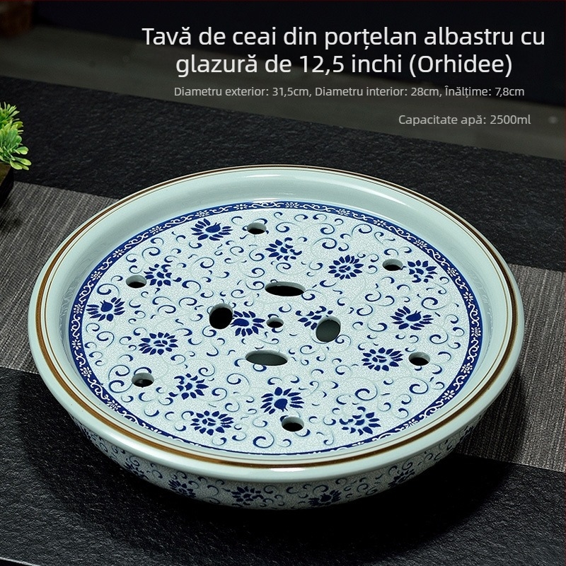 Tava de ceai în stil chinezesc nou, celadon, rotundă, porțelan albastru‑alb, set Gongfu de ceai, glazură vintage