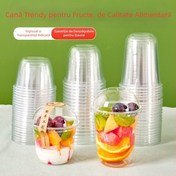 Pahar de fructe de unică folosință, transparent, cu capac, diametru mare, pentru fructe tăiate și milkshake