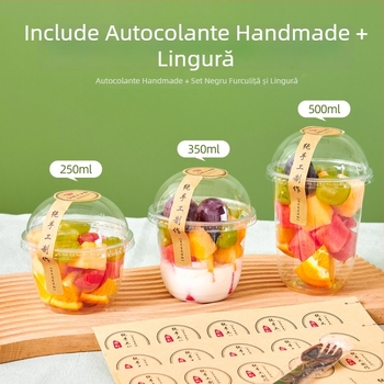 Pahar de fructe de unică folosință, transparent, cu capac, diametru mare, pentru fructe tăiate și milkshake