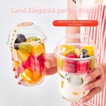 Pahar de fructe de unică folosință, transparent, cu capac, diametru mare, pentru fructe tăiate și milkshake