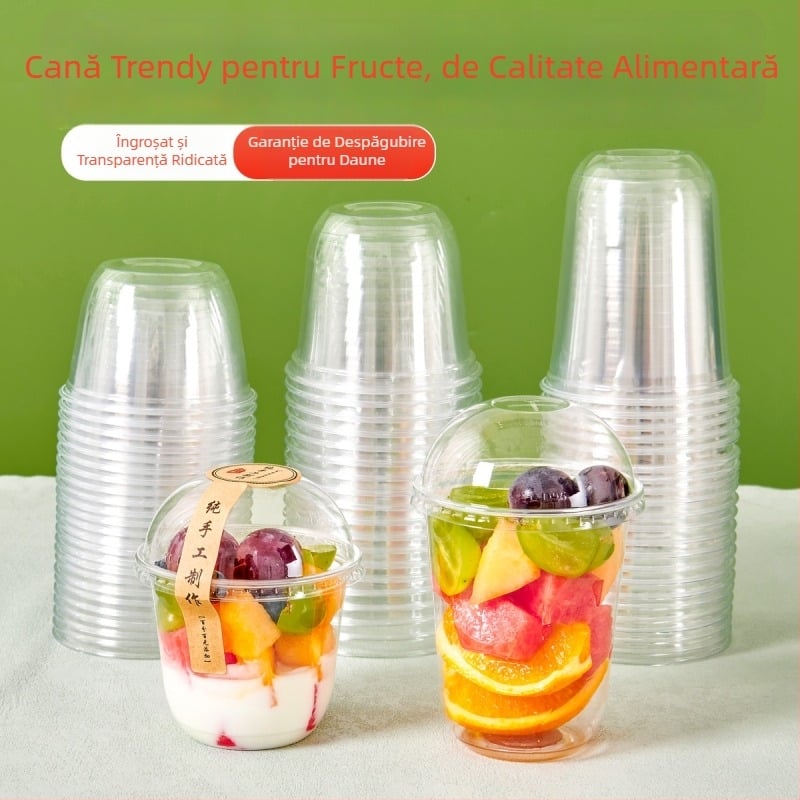 Pahar de fructe de unică folosință, transparent, cu capac, diametru mare, pentru fructe tăiate și milkshake