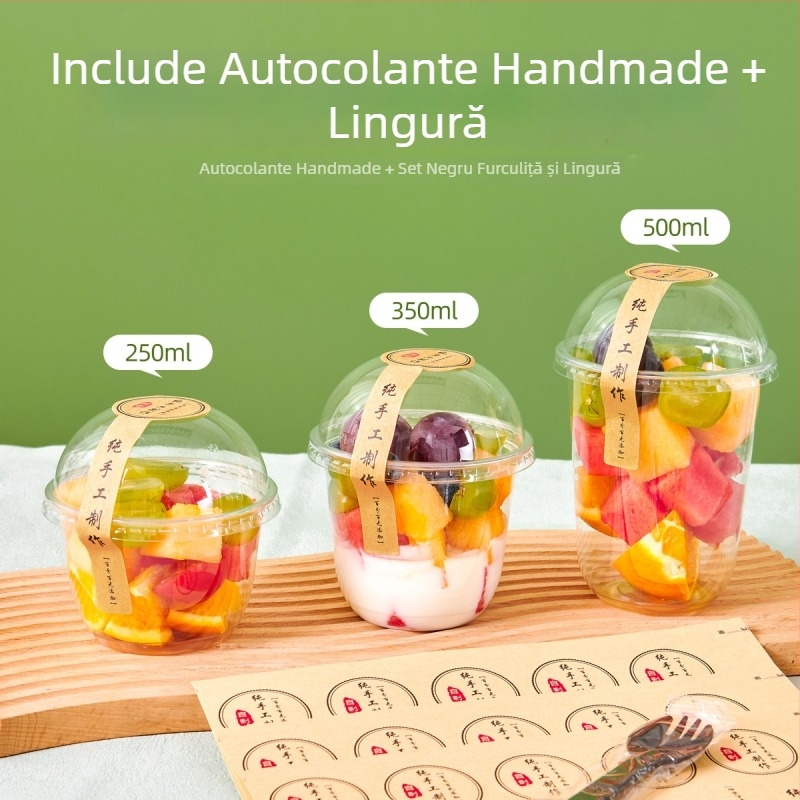 Pahar de fructe de unică folosință, transparent, cu capac, diametru mare, pentru fructe tăiate și milkshake