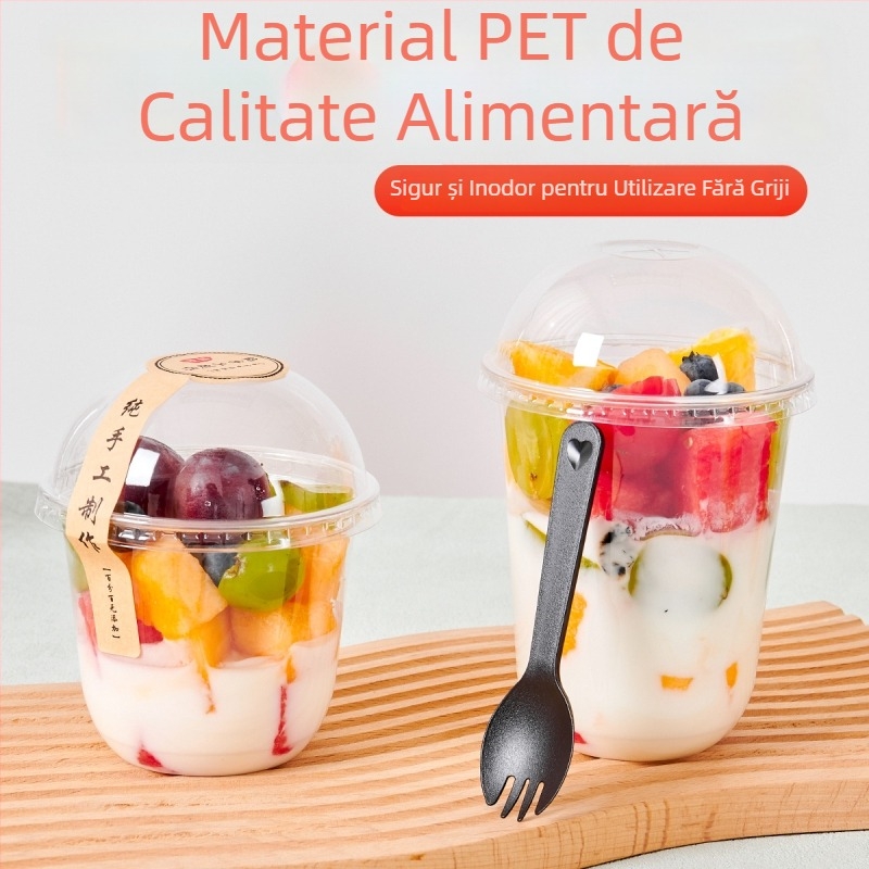 Pahar de fructe de unică folosință, transparent, cu capac, diametru mare, pentru fructe tăiate și milkshake
