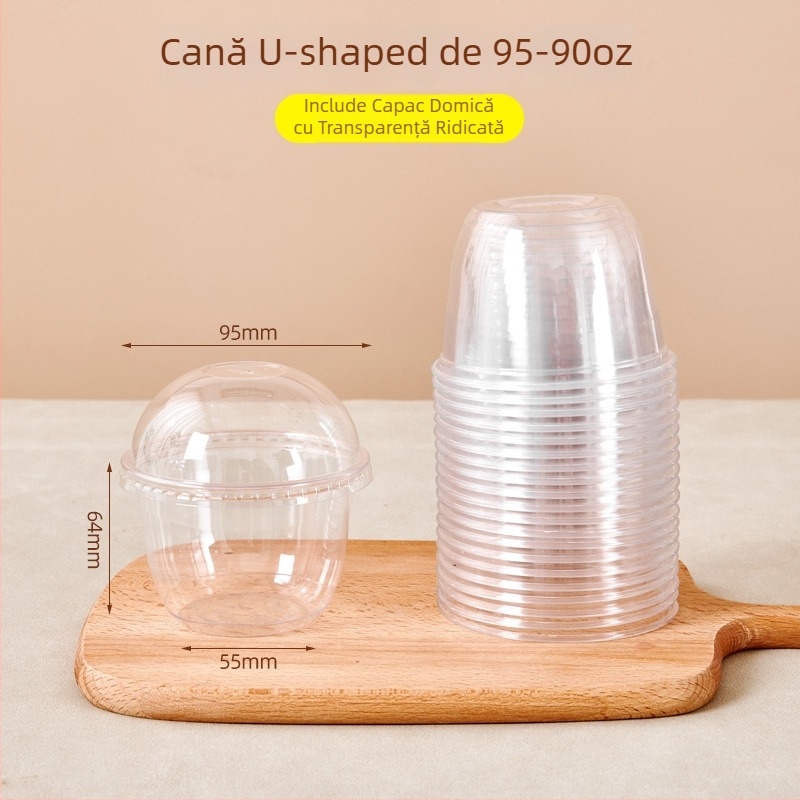 Pahar de fructe de unică folosință, transparent, cu capac, diametru mare, pentru fructe tăiate și milkshake