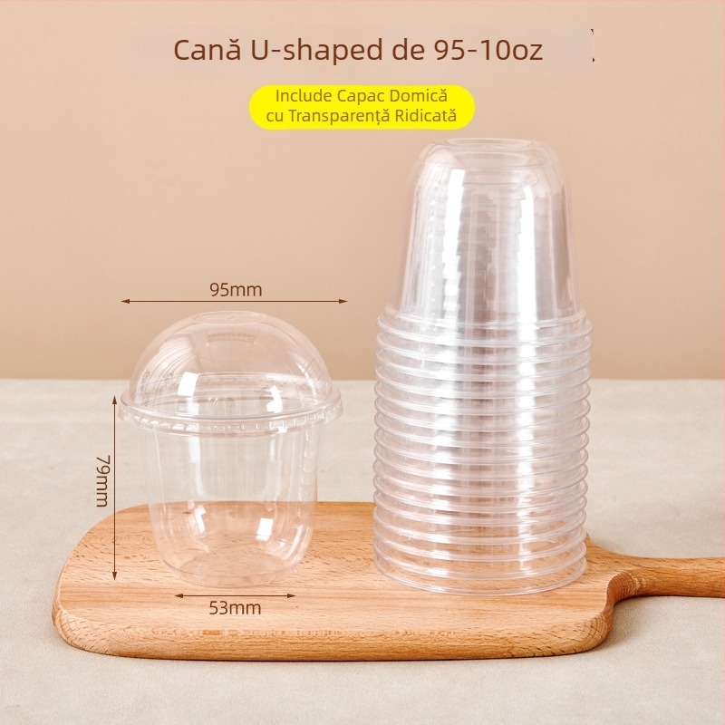 Pahar de fructe de unică folosință, transparent, cu capac, diametru mare, pentru fructe tăiate și milkshake
