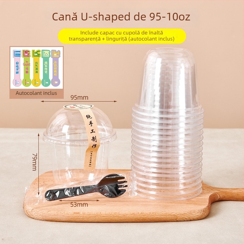 Pahar de fructe de unică folosință, transparent, cu capac, diametru mare, pentru fructe tăiate și milkshake