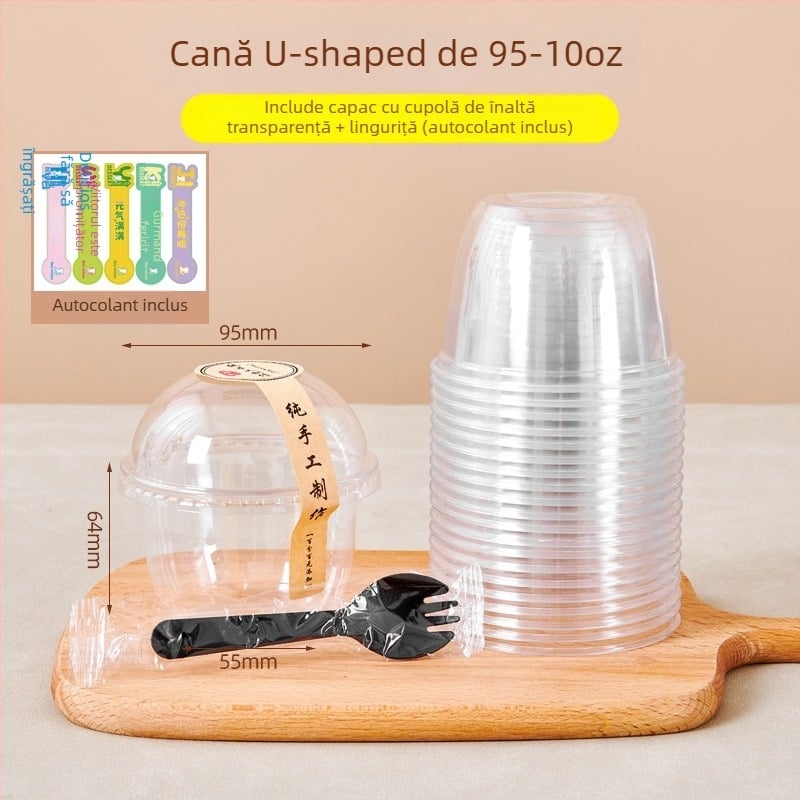 Pahar de fructe de unică folosință, transparent, cu capac, diametru mare, pentru fructe tăiate și milkshake