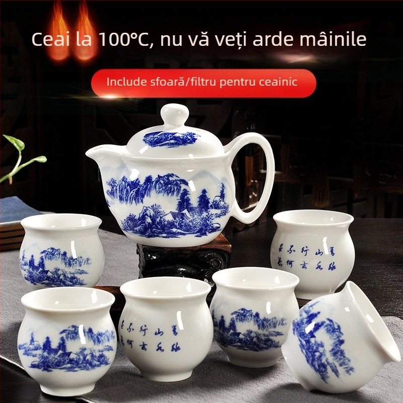 Set Jingdezhen Kung Fu din ceramică – porțelan albastru-alb, ceainic și cești, set complet pentru uz casnic, pahare rezistente la temperatură