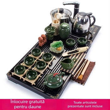 Set complet de ceai din lut Zisha pentru casă și birou — cești ceramice, ceainic, fierbător, ceremonie Kung Fu, tavă de lemn pentru ceai