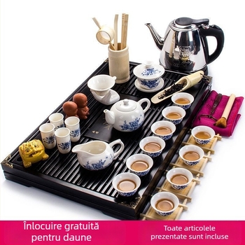 Set complet de ceai din lut Zisha pentru casă și birou — cești ceramice, ceainic, fierbător, ceremonie Kung Fu, tavă de lemn pentru ceai