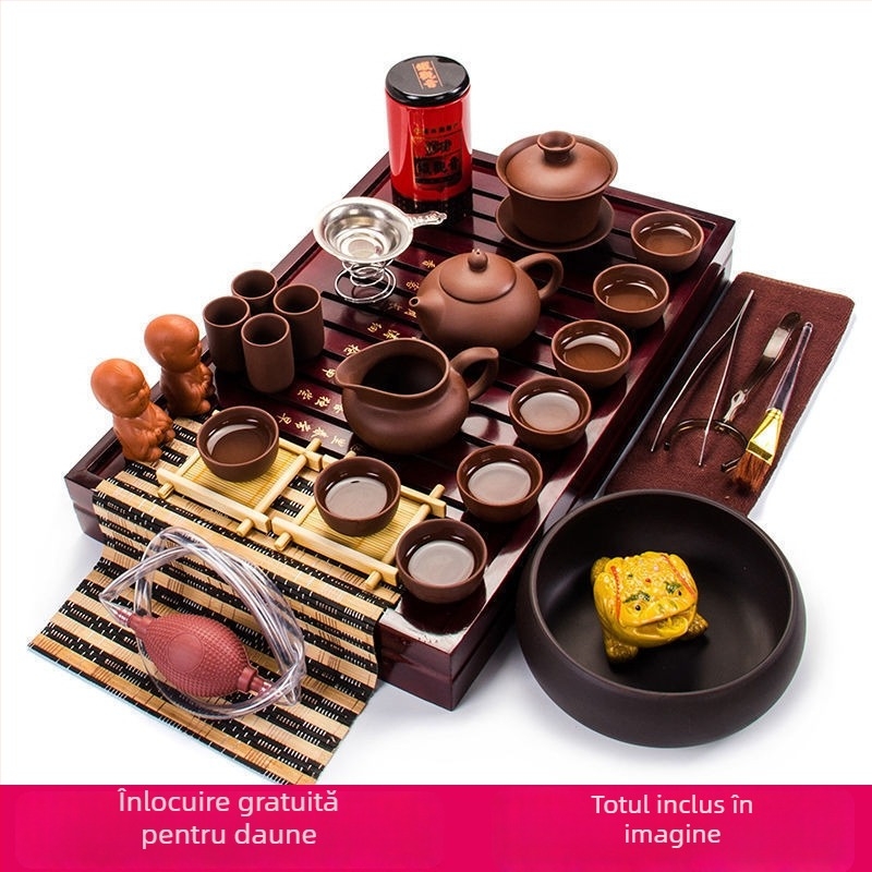 Set complet de ceai din lut Zisha pentru casă și birou — cești ceramice, ceainic, fierbător, ceremonie Kung Fu, tavă de lemn pentru ceai
