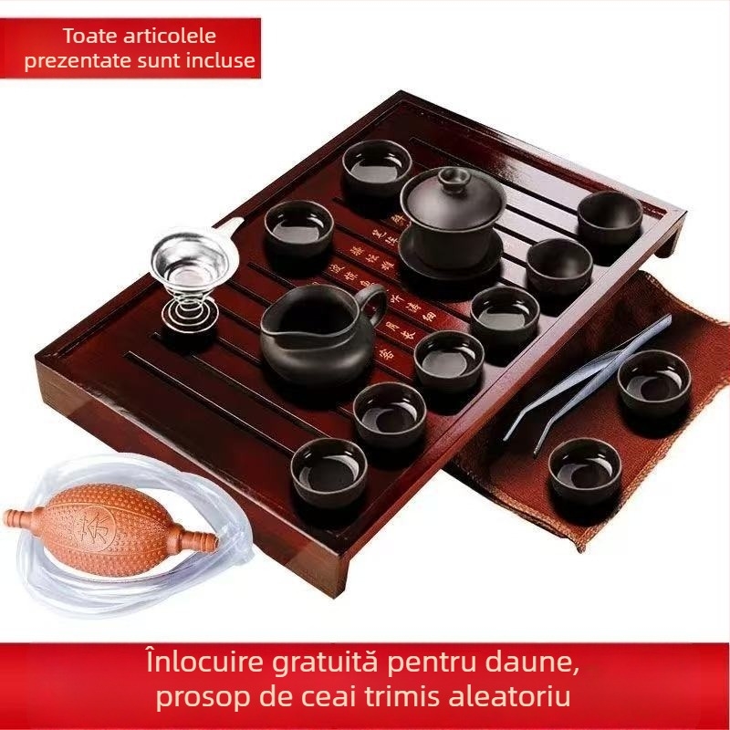 Set complet de ceai din lut Zisha pentru casă și birou — cești ceramice, ceainic, fierbător, ceremonie Kung Fu, tavă de lemn pentru ceai