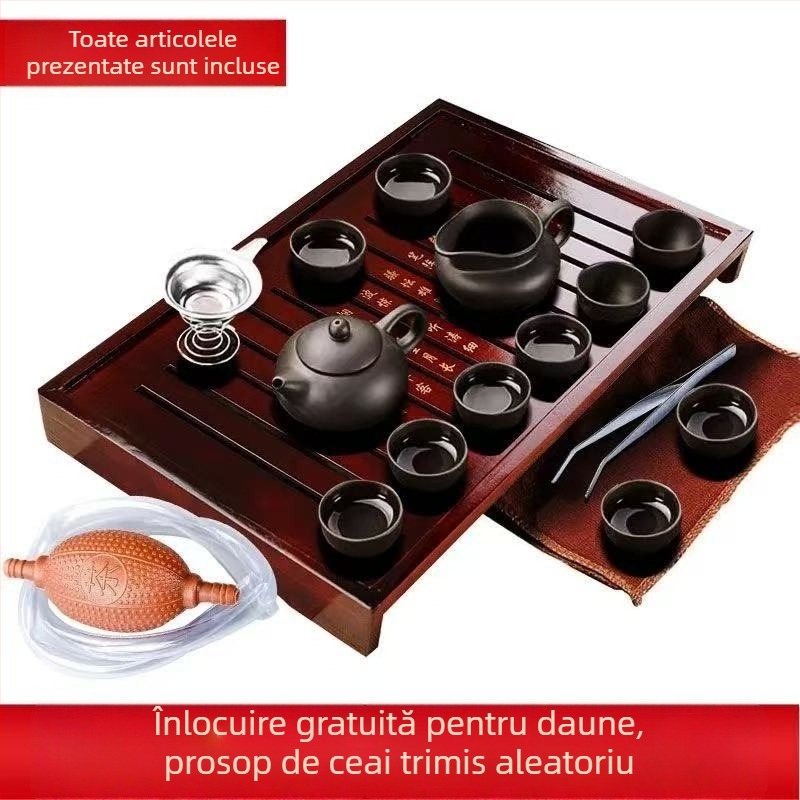 Set complet de ceai din lut Zisha pentru casă și birou — cești ceramice, ceainic, fierbător, ceremonie Kung Fu, tavă de lemn pentru ceai