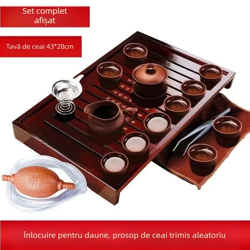 Set complet de ceai din lut Zisha pentru casă și birou — cești ceramice, ceainic, fierbător, ceremonie Kung Fu, tavă de lemn pentru ceai